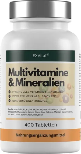 Multivitamin Tabletten, 27 Vitamine & Mineralien, 400 Stück von EXVital
