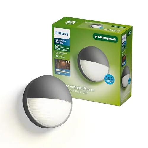 Philips Outdoor Ultra-Efficient Capricorn Wandleuchte - Helle 800 lm Wandleuchte mit IP44-Schutz, ideal für den Außenbereich. Die energieeffiziente E27-Lampe sorgt für eine zuverlässige Beleuchtung und setzt stilvolle Akzente.