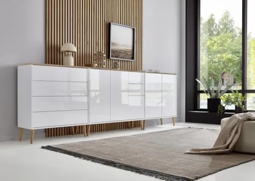 BMG Möbel Sideboard mit Holzfüße »Mailand Set 7«, Korpus weiß matt und weiß lackierte Hochglanzfronten, Oberboden in Artisan Eiche