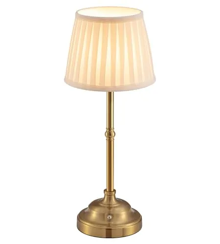 VISDANFO LED Tischlampe Kabellos, Dimmbare Vintage Nachttischlampe, Retro Tischlampe Akku, 4000mAh Batteriebetrieben, Geeignet Für Innen, Outdoor, Bar, Wohnzimmer (Gold + Beige Lampenschirm)