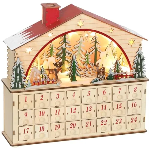 HOMCOM Adventskalender zum Befüllen mit LED-Lichtern - Dekorativer Adventskalender aus Naturholz mit 24 Schubladen, ideal für persönliche Überraschungen und stimmungsvolle Weihnachtsbeleuchtung.