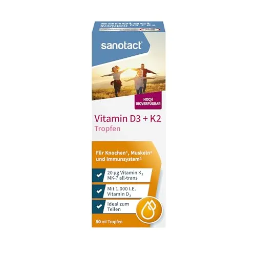 sanotact Vitamin D3 + K2 Tropfen, 50 ml – Hochdosiert für starke Knochen