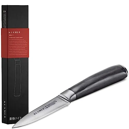 KLAMER Damast Schälmesser 8,6 cm - Scharfes Obst- und Gemüsemesser aus japanischem Stahl - Kochmesser mit 67-lagigem Damaststahl für hohe Langlebigkeit und ultrascharfe Klinge. Ergonomischer Pakka-Holzgriff für sicheren Halt und einfache Reinigung.