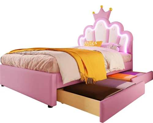 Prinzessinbett mit LED-Beleuchtung und Schubladen, 90x200cm, rosa - Polsterbett für Mädchen - Hochwertiges Polsterbett mit höhenverstellbarem Kopfteil und zwei praktischen Schubladen. RGB LED-Beleuchtung sorgt für ein magisches Ambiente. Ideal für gemütliche Nächte und stilvolle Einrichtung.