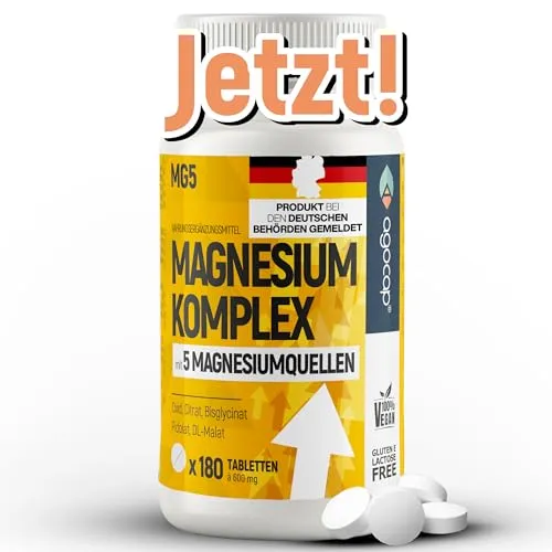 Magnesium Komplex 180 Tabletten - Hoch bioverfügbares Nahrungsergänzungsmittel - Magnesiumpräparate mit 5 hochwertigen Formen für optimale Bioverfügbarkeit und Unterstützung von Muskelfunktion, Nervensystem und Energiestoffwechsel.