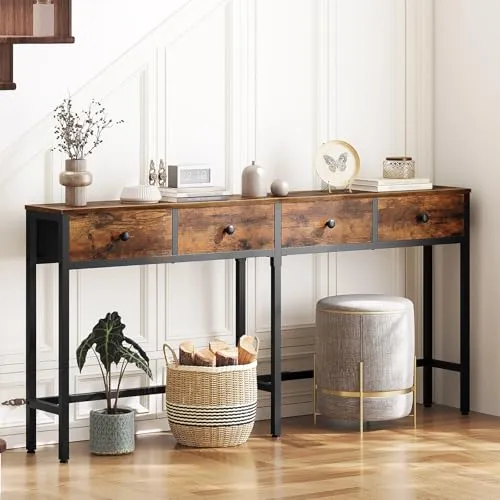 YATINEY Konsolentisch schmal, 160 cm, Langer Flurtisch, Eingangstisch mit 4 Schubladen, für Eingangsbereich, Flur, Wohnzimmer, Vintagebraun-Schwarz XCT40BR
