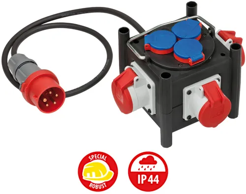 Brennenstuhl CEE Stromverteiler 1153680100 400 V 16 A - Überspannschutz & Mehrfachstecker, ideal für Baustellen und den Außeneinsatz. Robuster Gummi-Stromverteiler mit IP44 Schutz, Temperaturbeständigkeit von -30°C bis +80°C.