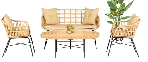 Moderne Gartenmöbel Sofagarnitur 4tlg. für Terrasse - Lounge Set aus hochwertigem Rattan und Metall, ideal für bis zu 4 Personen. Inklusive bequemen Kissen und einem eleganten Couchtisch, perfekt für entspannte Stunden im Freien.
