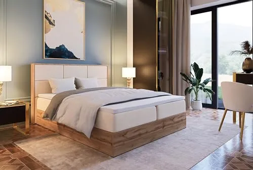 Marlux-Meble Boxspringbett 140x200 mit Bettgestell und Matratze - Polsterbett 140x200 mit Bettkasten Matratzen Topper und Bettgestell (Leoni II, Beige)