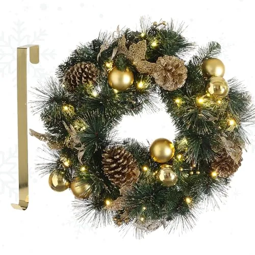MeisterHome ® Künstlicher Weihnachtskranz mit LEDs 50 cm in gold von Meisterhome