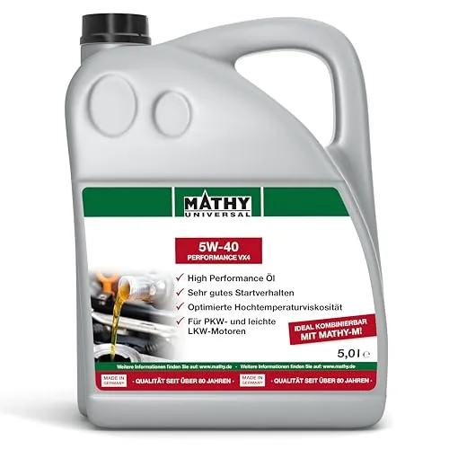 MATHY SAE 5W-40 Performance VX4 5 Liter Motoröl - Hochleistungsmotorenöl für Benzin- und Dieselmotoren, sorgt für hervorragenden Schutz und optimales Startverhalten. Ideal für Saug- und Turbomotoren, auch für Katalysator-geeignet.