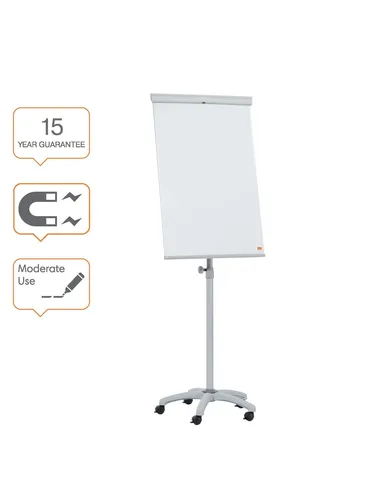 Nobo Flipchart Mobil Essence mit Stahl Sternfuß - Praktisches Flipchart mit mobilem Rundfuß und 5 feststellbaren Rollen. Höhenverstellbar und widerstandsfähig gegen Flecken und Kratzer. Inklusive Haken und Marker für vielseitigen Einsatz.