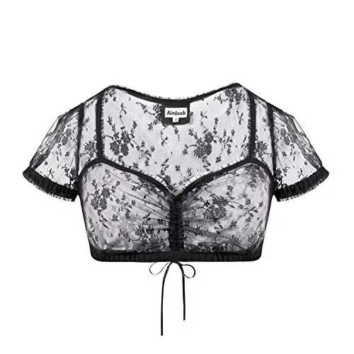 Almbock Dirndlbluse schwarz Spitze - Edle Dirndlbluse schwarz transparent mit Kurze Ärmel und Tunnelzug - Dirndlbluse Spitze schwarz 34 - Modell Daria