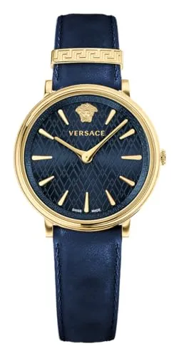 Versace Damen Analog Quarz Uhr VE81004 19 mit Leder Armband - Elegante Armbanduhr für Damen mit blauem Lederarmband, kratzfestem Saphirglas und goldfarbenem Edelstahlgehäuse. Wasserdicht bis 5 Bar – ideal für den Alltag.