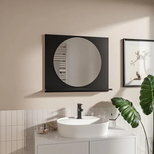 HAJDUK FURNITURE Badspiegel mit Ablage Schwarz H:60 x B: 70 cm Rund Spiegel ⌀55 cm Bathroom Mirror Moderner Badezimmer Spiegel Rechteckig Wandspiegel mit Regal