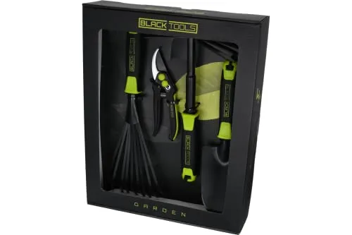 BLACK TOOLS® Garden Gartengeräte-Set 4-teilig | Pflanzkelle, Kombihacke, Gartenschere, Fächerbesen | Optimales Set für den kleinen Garten oder Balkon | Garten, Kübel, Balkonkästen, Beete