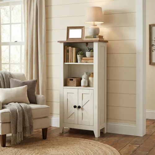 VASAGLE Badezimmerschrank im Landhausstil, Badschrank, offene Fächer, mit Türen, weiß-braun