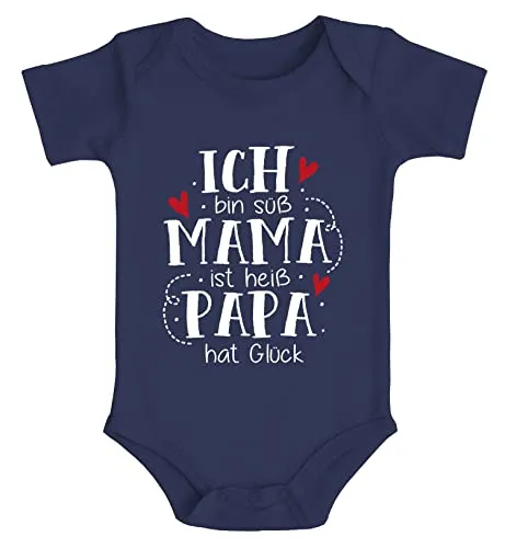 MoonWorks® Baby Body Ich bin süß Mama ist heiß Papa hat Glück Babyshirt lustige Sprüche Jungen & Mädchen navy 0-3 Monate