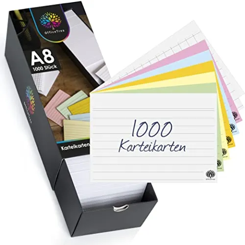OfficeTree 1000 Karteikarten Set A8 - Liniert, Kariert, Blanco und Bunt - Lernkarten Mit Box für Englisch Vokabeln, Formeln und Notizen