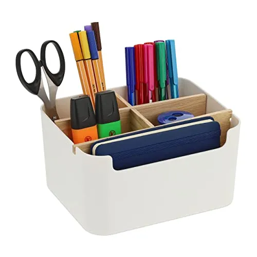 Relaxdays Schreibtisch Organizer, 5 Fächer, Kunststoff und Holz, Badorganizer, modern, HxBxT: 9,5 x 18 x 15 cm, weiß