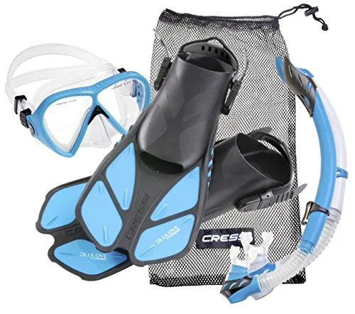 Cressi Tauchset BONETE Deluxe (Tauchmaske, Schnorchel, Flossen & Netzbeutel) - Light Blue - Gr. S/M - 36/42