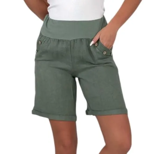 Mississhop 280 Damen Leinenshorts Bermuda lockere Kurze Hose Freizeithose 100% Leinen Shorts mit DREI Knöpfen Sommer Strand Oliv M