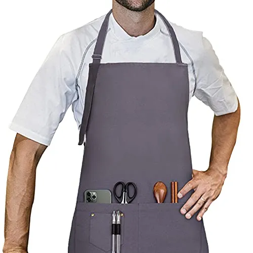 LessMo Schürze, Grillschürze und Kochschürze in Profiqualität mit verstellbarem Nackenriemen Und Mit Zwei Taschen, aus 100% Baumwolle 70 x 85 cm (Dunkelgrau)