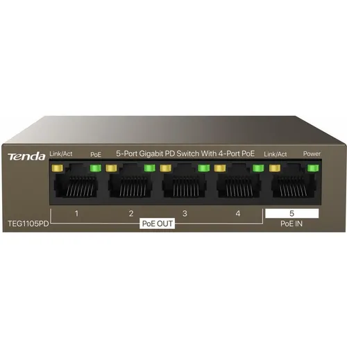 Tenda TEG1105PD Gigabit Ethernet Switch - 5-Port Power over Ethernet (PoE) Switch, ideal für die einfache Stromversorgung von IP-Kameras und Access Points in Netzwerken.