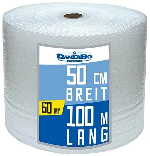 Luftpolsterfolie 50cm x 100m - Stark und Vielseitig - Verpackungsmaterial: Luftpolsterfolie 50 cm x 100 m, 60 my stark, ideal für Umzüge und zum Schutz zerbrechlicher Gegenstände vor Kratzern und Bruch.