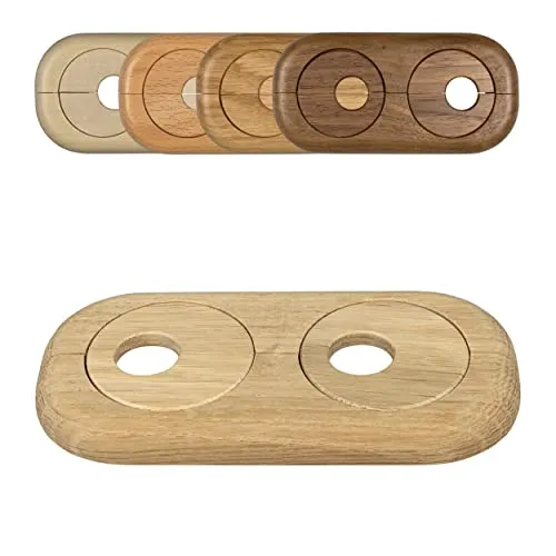 FUX 5 Stück Doppel Heizungsrohr Rosette, Rohrabstand variabel, 15mm - 22mm, Rohrabdeckung, Abdeckrosetten, Verkleidung, Heizkörper Rosetten, Holz, Parkett, Holzrosetten (15mm, Eiche(roh))