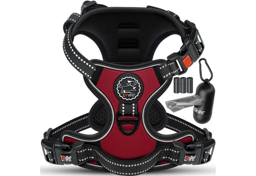 Lovpet Hunde-Geschirr – Atmungsaktiv & Sicher für Hunde und Welpen, Bordeaux Rot - Brustgeschirr für Hunde, mit innovativem Safety Design für maximale Sicherheit und individuelle Passform von XS bis XL. Reflektierende Elemente sorgen für Sichtbarkeit bei Nacht.