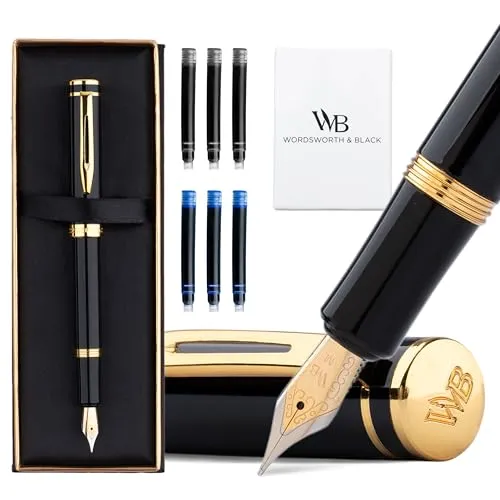 Wordsworth and Black Fountain Pen Mini EDC Schwarzer Taschenstift, Gold, Mittlere Feder, 6 Tintenpatronen, Tinten-Konverter, Nachfüllbares Stift-Geschenkset, Männer & Frauen