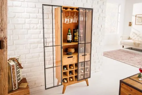 Riess Ambiente Massive Vitrine Seven SEAS 150cm aus Natur Pinie - Glasvitrine im Industrial Design, gefertigt aus massivem Pinienholz, bietet viel Stauraum mit Schubladen und integriertem Weinregal – ideal für Esszimmer oder Bar!