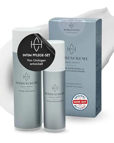 HERRENCREME Intimpflege Set für Männer - 75 ml Creme & 200 ml Duschgel - Intimpflege für Männer - Sanfte Pflege mit Mikrosilber für Hautirritationen, entwickelt vom Urologen. 100% vegan und dermatologisch getestet.