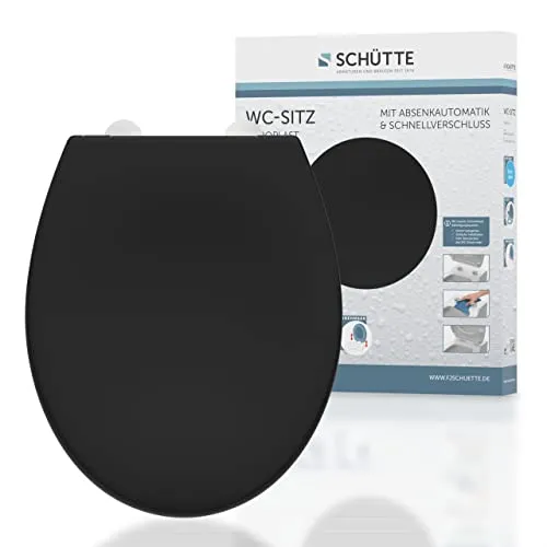 SCHÜTTE WC-Sitz BLACK mit Absenkautomatik - WC-Sitz aus langlebigem Duroplast mit pflegeleichter Oberfläche, inklusive Absenkautomatik für geräuschloses Schließen und einfacher Montage. Ideal für Komfort und Haltbarkeit im Badezimmer.