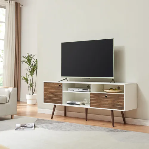 Fernsehschrank 'Vare' Lowboard 165 cm – Modernes Design in Weiß/Walnussoptik - Elegantes Lowboard für Ihr Wohnzimmer mit 3 offenen Fächern und 1 Schublade. Optimal für die Aufbewahrung von Mediengeräten und Zubehör, mit integrierten Kabeldurchlässen für eine ordentliche Kabelführung.