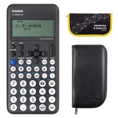 Casio FX-82 DE CW mit schwarzer Tasche und Zirkelset gelb