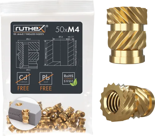 ruthex Gewindeeinsatz M4 – 50 Stk. RX-M4x8.1 - Gewindeeinsätze für 3D-Druck, stabile Einschmelzgewinde aus korrosionsbeständigem Messing für hohen Halt und vielseitige Anwendung in verschiedenen Kunststoffen.