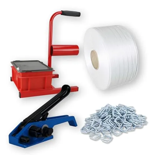 Umreifungsband Set | 19mm Umreifungsband Hotmelt | 500x Drahtverschlussklemmen | 1 Umreifungsgerät | 1 Abroller | Für Ladungssicherung und Palettierung schwerer Güter mit Spanngerät | im Umreifungsset
