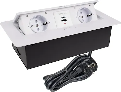 DesignLight KOMBI BOX weiß 2-fach Einbausteckdose mit USB A und C und 3 m Kabel / Möbelsteckdose