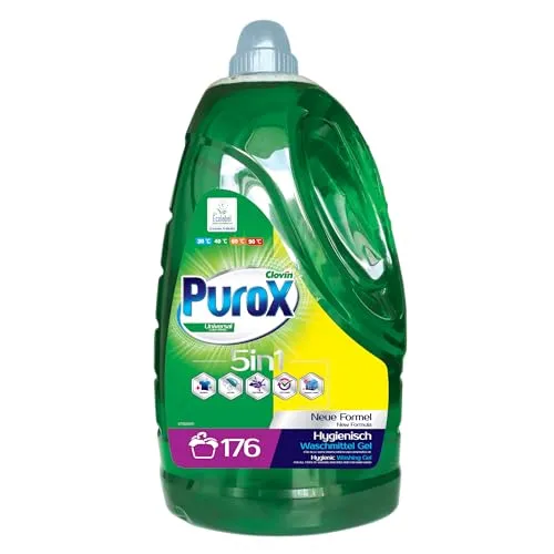 PUROX UNIVERSAL Flüssigwaschmittel 176 Waschladungen 5,3 l – Universelles Gel für Alle Textilien, Entfernt Flecken, Vollständig Auflösbar, Umweltfreundlich, Effizient, Schützt vor Kalk