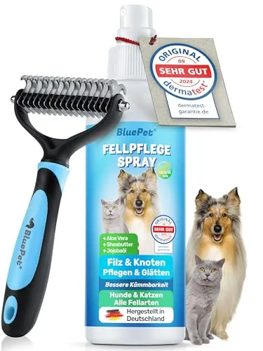 BluePet Bürste + Entfilzungsspray für Hunde & Katzen I Löst Verfilzungen & Verbessert Kämmbarkeit, Anti Filz Spray als Fellspray für Fellpflege, Glätten & Pflegen mit Aloe Vera, Shea-Butter & Jojobaöl