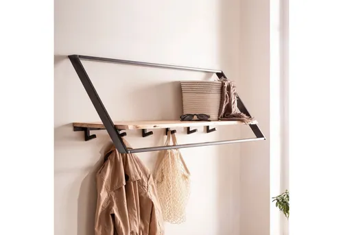 FINEBUY Wandgarderobe Akazie Massivholz 100cm Garderobe Industrial Design (Stilvolle Kombination aus Holz und Metall), Praktische Ablage mit Haken