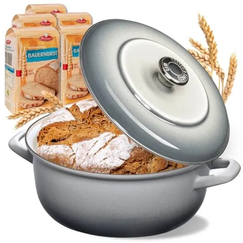 BIELMEIER Gusseisen Brottopf Keramik 28 cm grau CLEAN Diamantglasur 5x Brotbackmischung Bauernbrot a 500 g