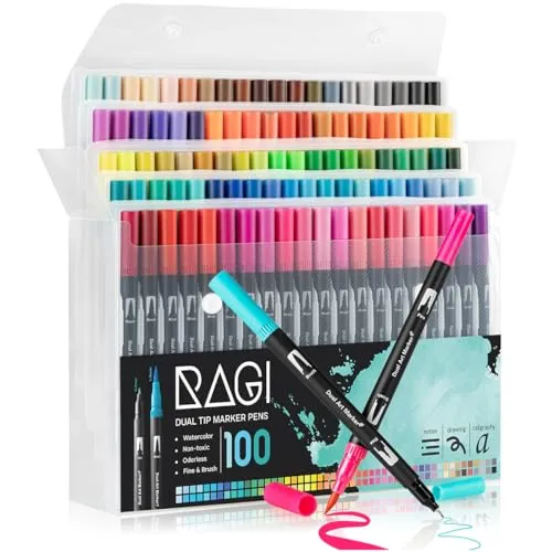 RAGI Pinselstifte Set 100 Aquarell Filzstifte für Erwachsene Twin Tip Brush Pen und Fineliner Farben Marker Kalligraphie Handlettering Stifte