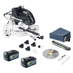 Festool KAPEX KSC 60 EB-Basic Kapp Zugsäge 18 V / 36 V 216 mm mit 2x Akku - Leistungsstarke Kappsäge für präzise Schnitte in Holz. Mit zwei hochwertigen Lithium-Ionen-Akkus (5 Ah) und bürstenlosem Motor für effizientes Arbeiten.
