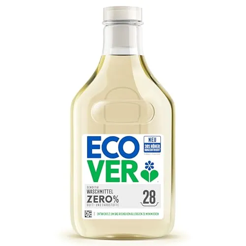 Ecover Zero Waschmittel flüssig 1L - Hochkonzentriertes Waschmittel für empfindliche Haut, frei von Duft- und Farbstoffen. Ideal für Wolle und Feinwäsche, mit pflanzenbasierten Inhaltsstoffen und recycelbarer Verpackung. Genug für 28 Waschladungen.