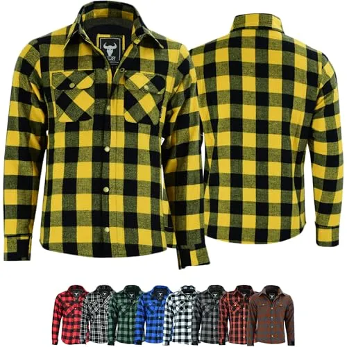 BULLDT Motorradhemd Herren mit abnehmbare CE-Protektoren - Klassisch 100% Baumwolle Holzfäller Flanellhemd - Biker Motorradjacke Hergestellt mit Aramid-Kevlar-Futter - Mit Schutz (EN 1621-1) Gelb - 48