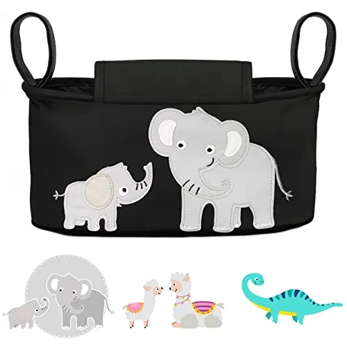 GLÜCKSWOLKE Kinderwagen Organizer - 12 Motive I Kinderwagentasche verschließbar I Kinder Buggy Tasche mit Feuchttuchspender I Baby Stroller Bag Black I Aufbewahrungstasche Elefant schwarz