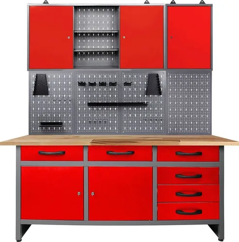 ONDIS24 Werkstatt-Set 160 cm, abschließbar - Werkstatt-Sets mit 6 Schubladen und 5 Türen, ideal für Hobbywerkstätten. Hohe Belastbarkeit von 590 kg und verstellbare Füße sorgen für Stabilität und Flexibilität.